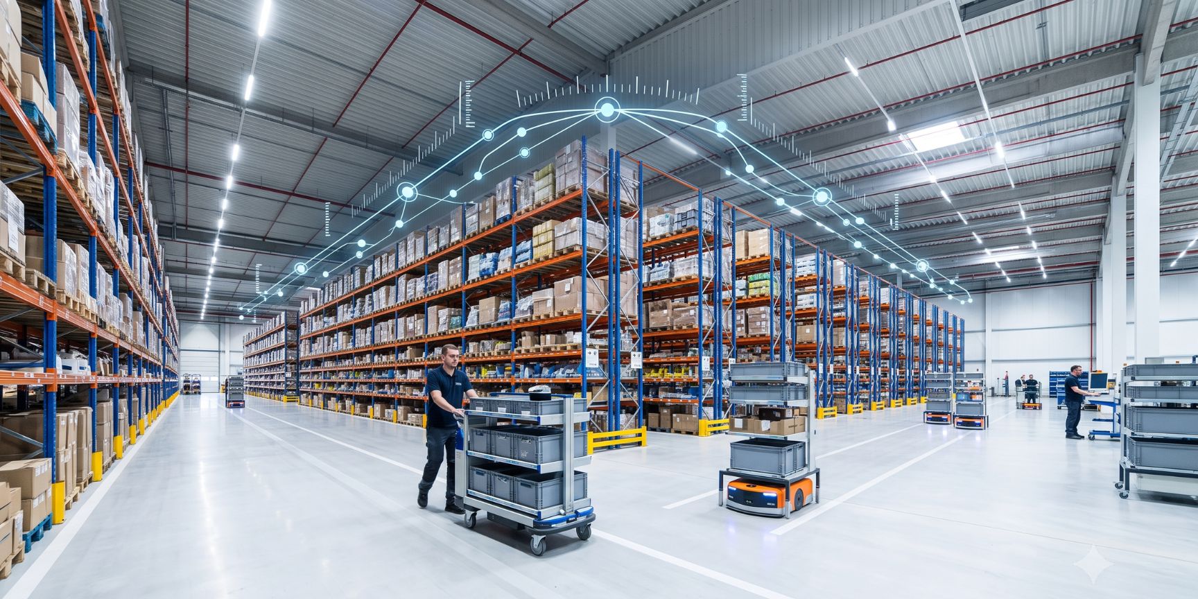 Optimierte Logistikimmobilie Lagerhalle mit Hochregallager, automatisiertes Picking & AMR im breiten Gang, Effizienzsteigerung der Transaktionsrate durch Architektur ohne Text.